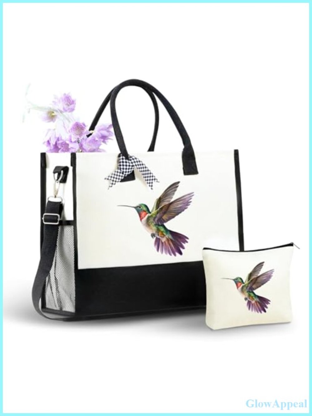 Canvas Tote Bag with Makeup Pouch and Zipper Shoulder Strap